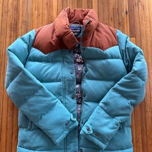 Patagonia Bivy Down Jacket Burnt Orange and Teal with Mushroom Print Lining